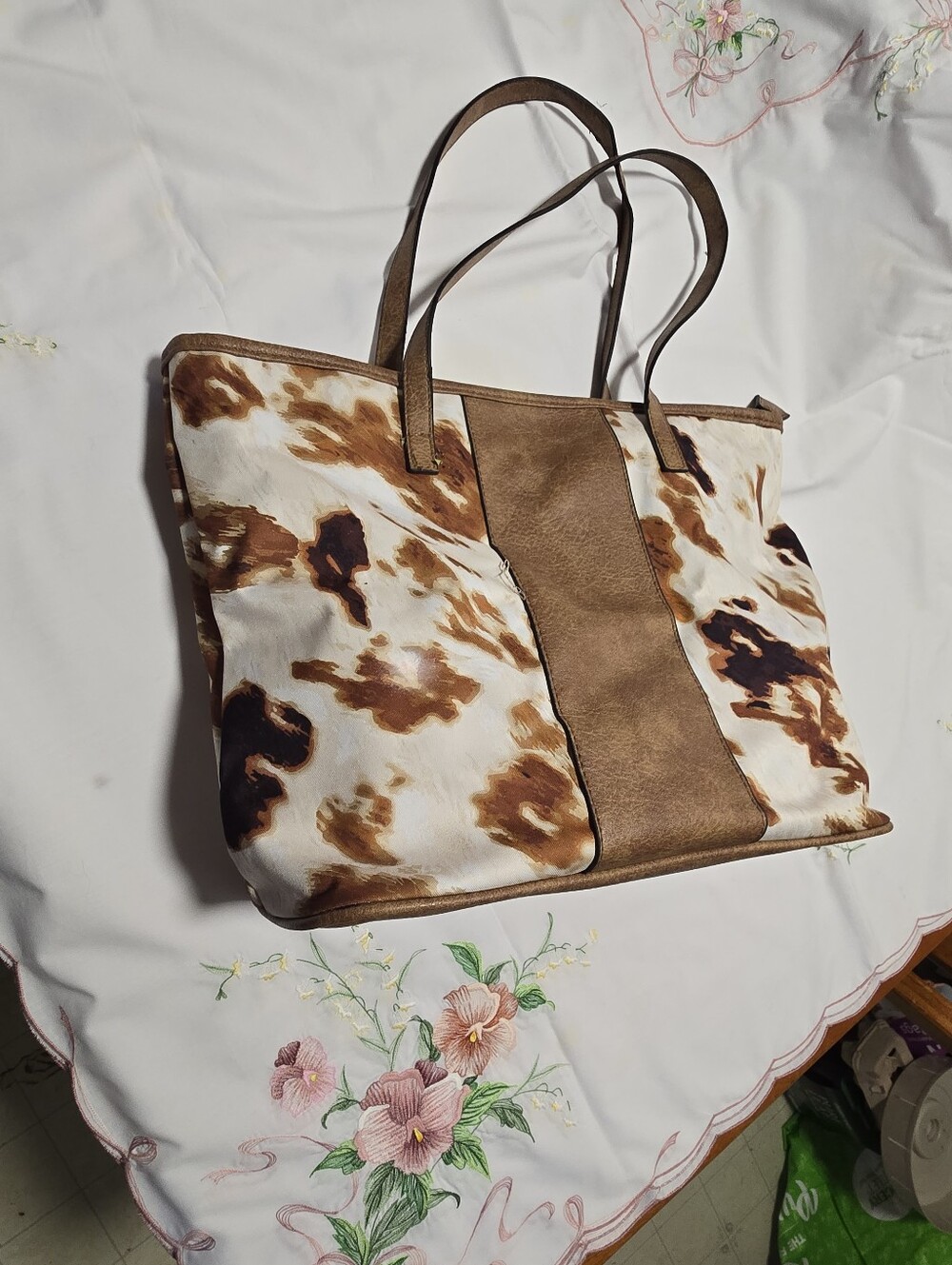 Brown Cowhide-Print Canvas 12 ×14 Tote Bag with Faux Leather Trim